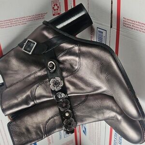 Coach Moto Tea Rose Heel Boots Gun Metal Metallic Leather Booties Size 9.5